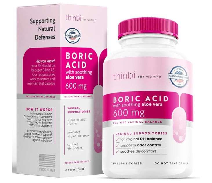Thinbi Boric Acid Suppositories for women w/ Aloe Vera - BV Treatment & PH Balance for vaginosis Treatment - To Support Intimate Health w/ Clinically Studied Boric Acid 30 Count
