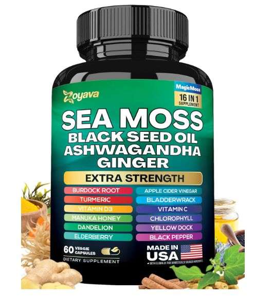 Sea Moss 7000mg Black Seed Oil 4000mg Ashwagandha 2000mg Turmeric 2000mg Bladderwrack 2000mg Burdock 2000mg & Ginger Vitamin C Vitamin D3 with Elderberry Manuka Dandelion Yellow Dock Chlorophyll ACV